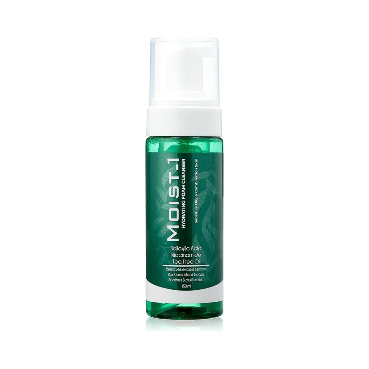 Refect Beauty Moist-1 Hydrating Foam Cleanser in a green pump bottle for sensitive, oily, and combination skin.