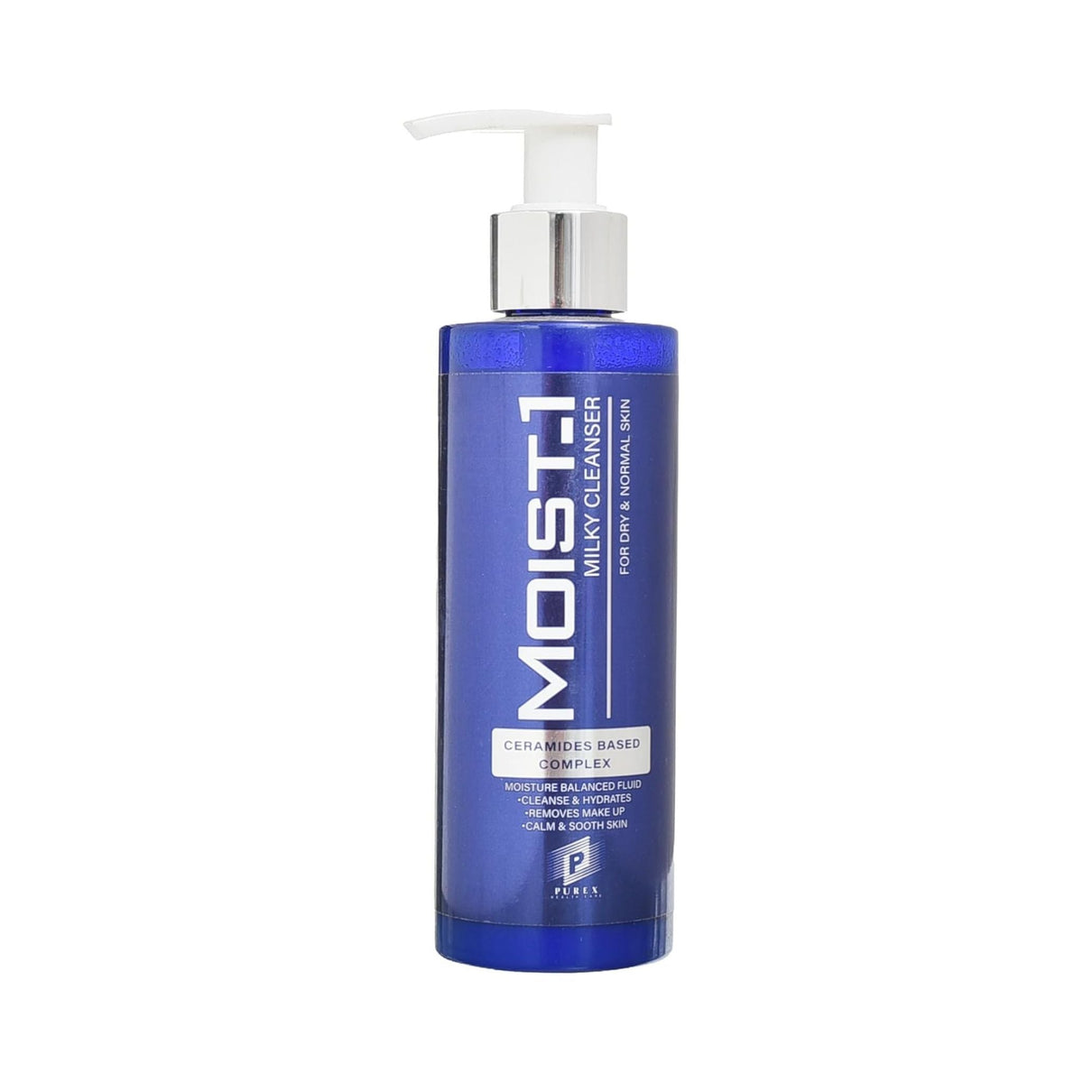 Refect Beauty Moist_1 milky cleanser in a blue pump bottle for dry and normal skin, featuring a ceramide complex.