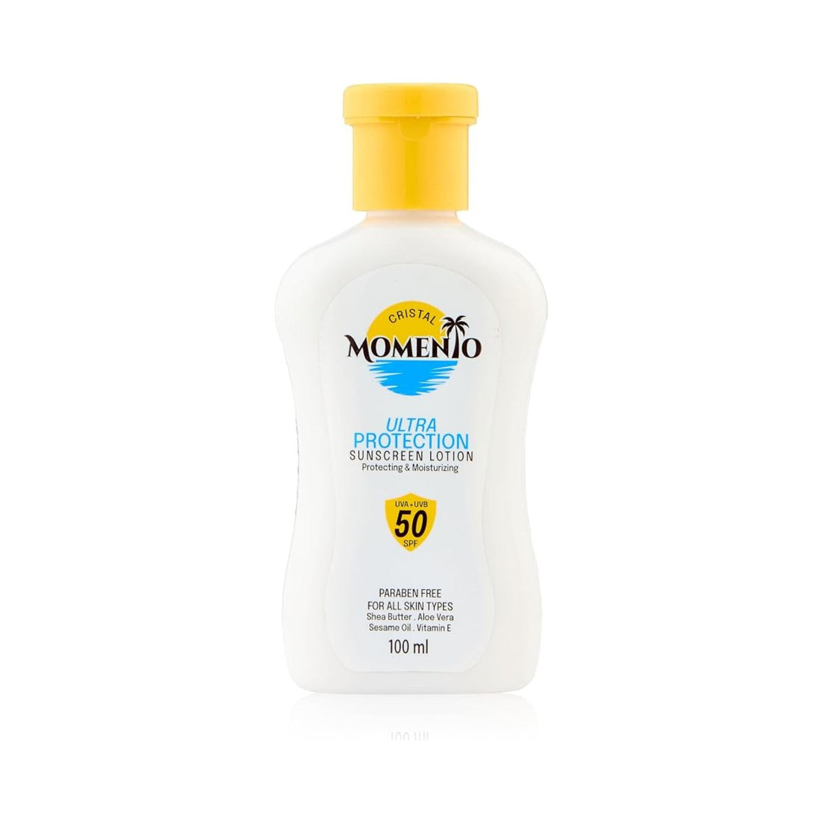 Refect Beauty Cristal Momento SPF 50 sunscreen lotion bottle with yellow cap for UVA and UVB protection