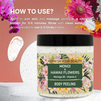 Refect Beauty Oriense body scrub jar with tropical Hawaiian flower label and exfoliating texture swatch