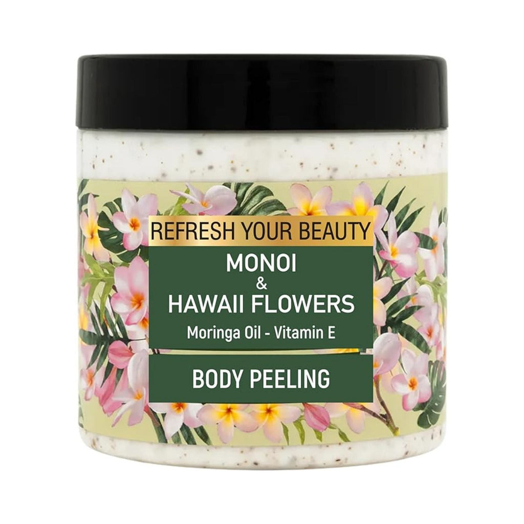 Refect Beauty Oriense Monoi and Hawaii Flowers body scrub jar with floral label and exfoliating particles