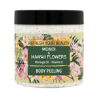 Refect Beauty Oriense Monoi and Hawaii Flowers body scrub jar with floral label and exfoliating particles