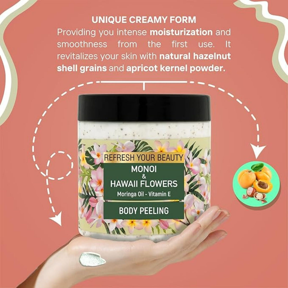 Refect Beauty Oriense Monoi and Hawaii Flowers body scrub in a jar held in a hand with creamy texture shown