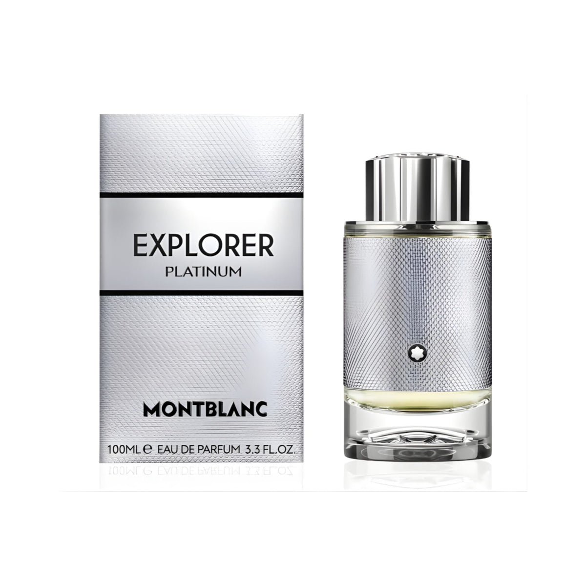Refect Beauty Mont Blanc Explorer Platinum Eau de Parfum bottle and silver textured box packaging