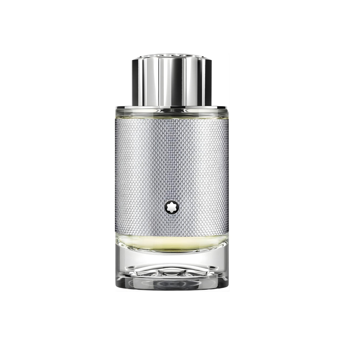 Refect Beauty Mont Blanc Explorer Platinum Eau de Parfum in a textured silver bottle with a metallic cap