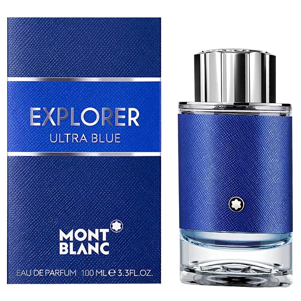 Refect Beauty Mont Blanc Explorer Ultra Blue Eau de Parfum bottle and blue textured box for men