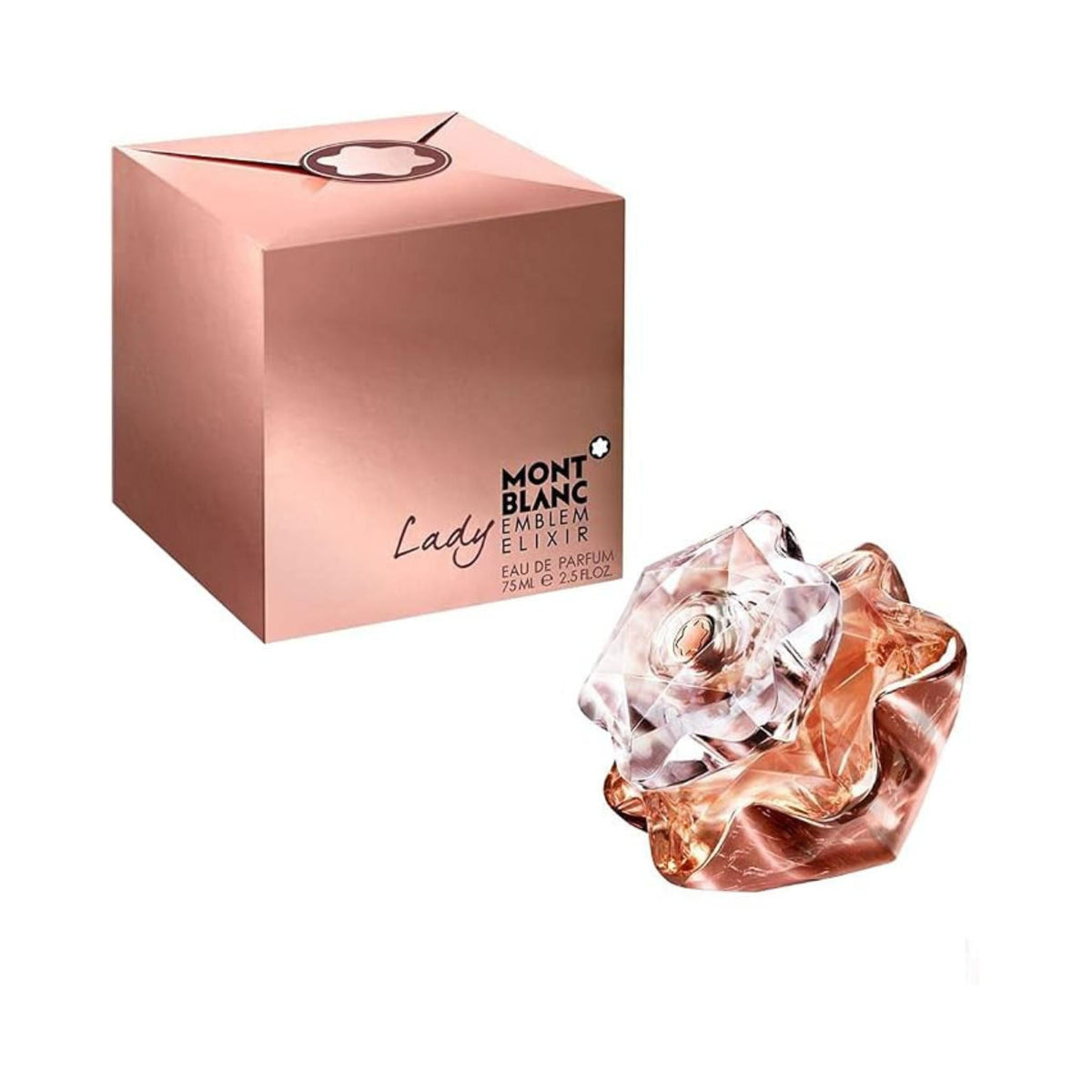 Refect Beauty Mont Blanc Lady Emblem Elixir Eau de Parfum bottle and rose gold box packaging