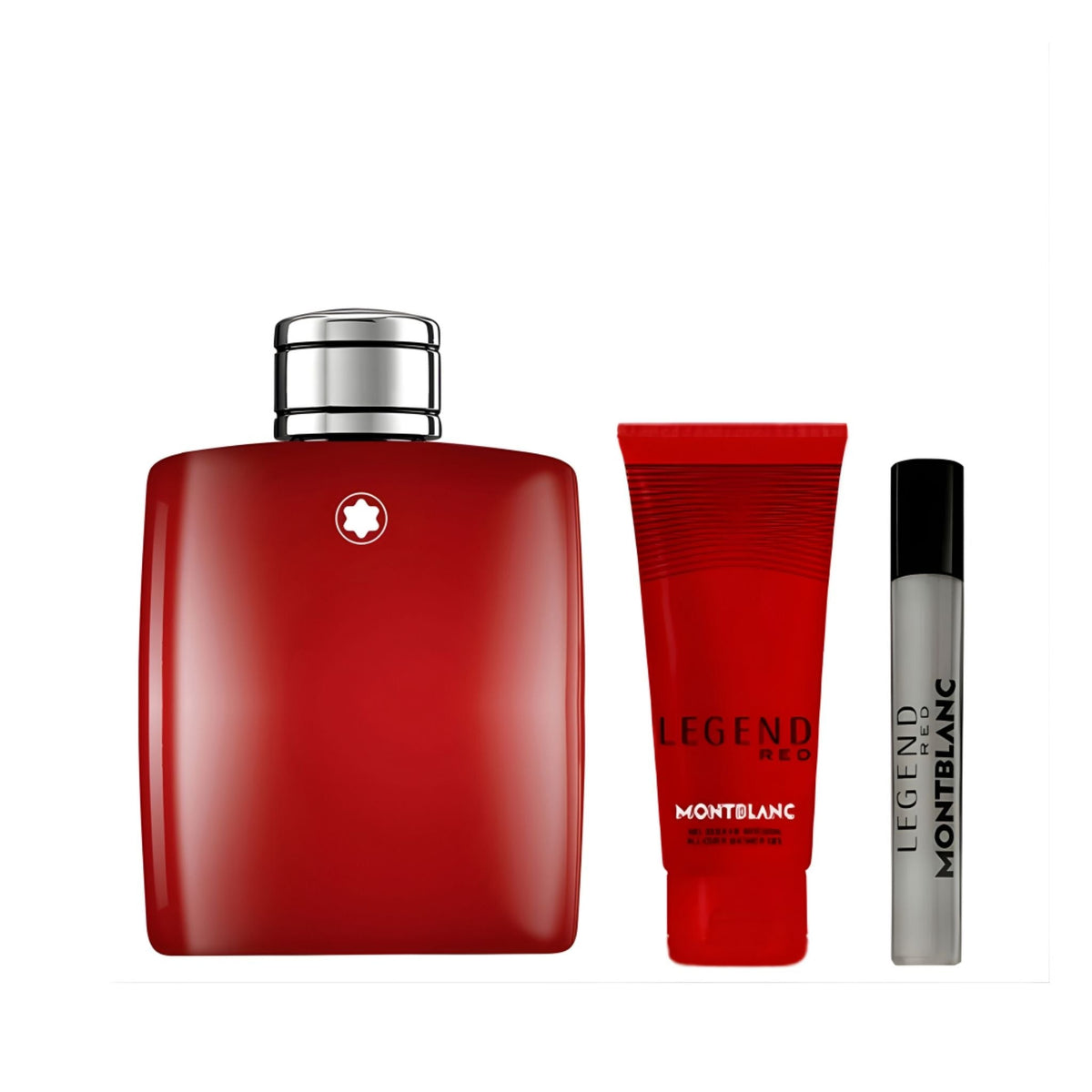 Refect Beauty Mont Blanc Legend Red gift set featuring a 100ml perfume bottle, shower gel, and travel spray.