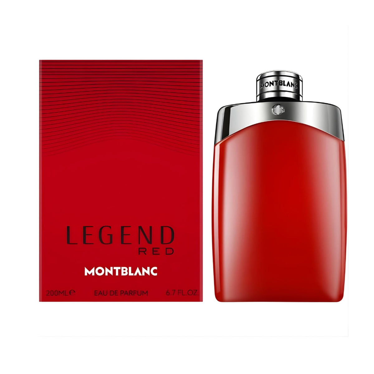 Refect Beauty Mont Blanc Legend Red Eau de Parfum bottle and box in vibrant red with silver cap details
