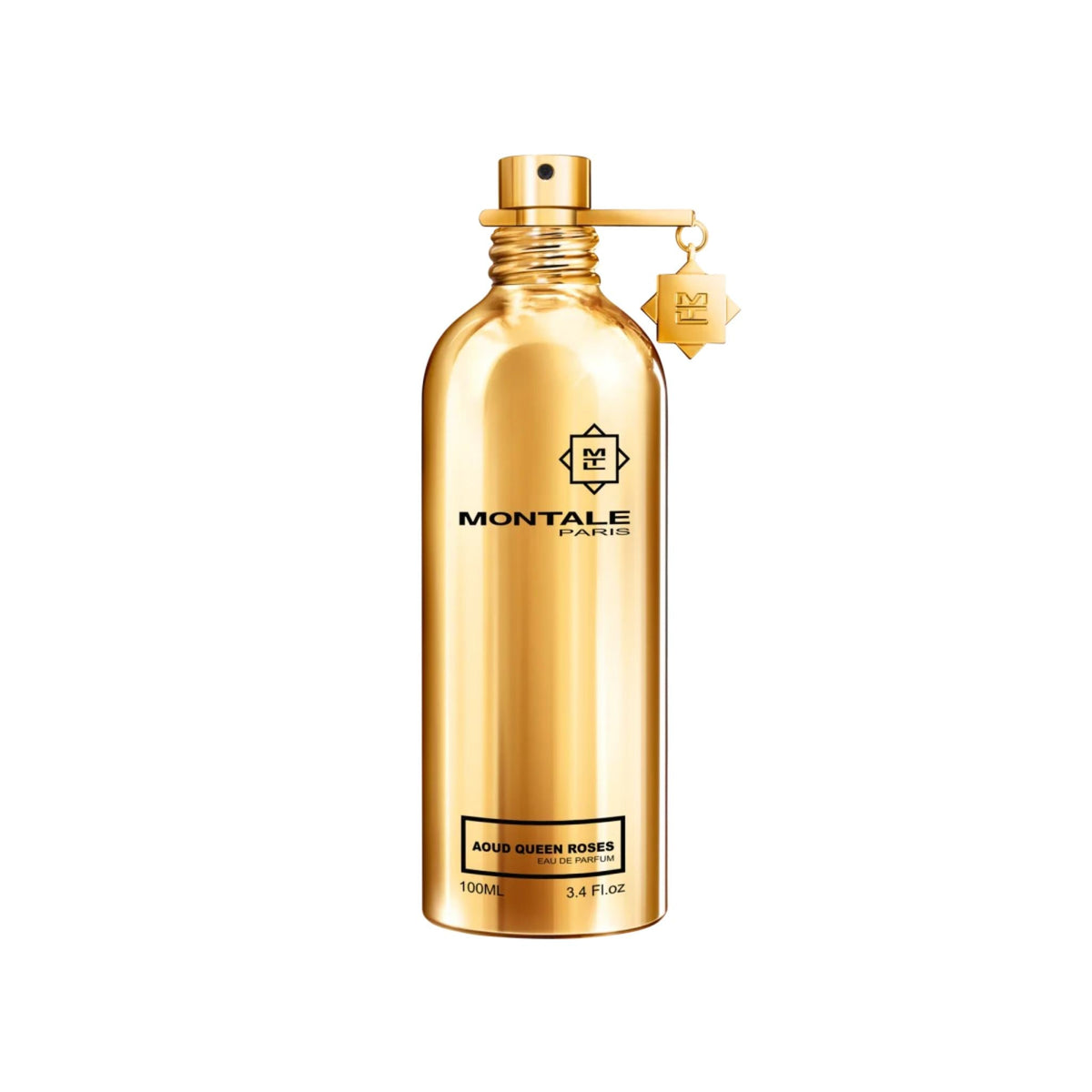 Refect Beauty Montale Paris Aoud Queen Roses Eau de Parfum in an iconic gold metallic bottle with a branded charm.