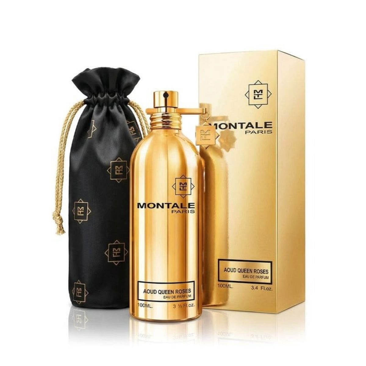 Refect Beauty Montale Paris Aoud Queen Roses Eau de Parfum in a gold bottle with a black drawstring pouch and box.