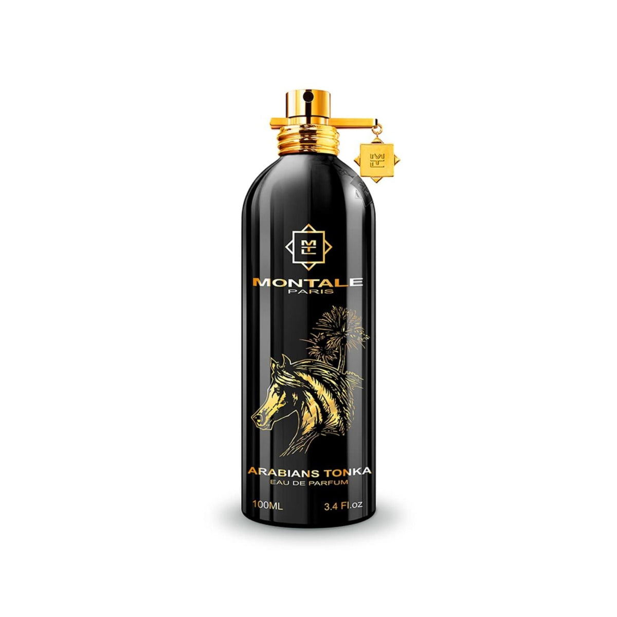 Refect Beauty Montale Paris Arabians Tonka eau de parfum in a sleek black bottle with gold horse and palm tree design