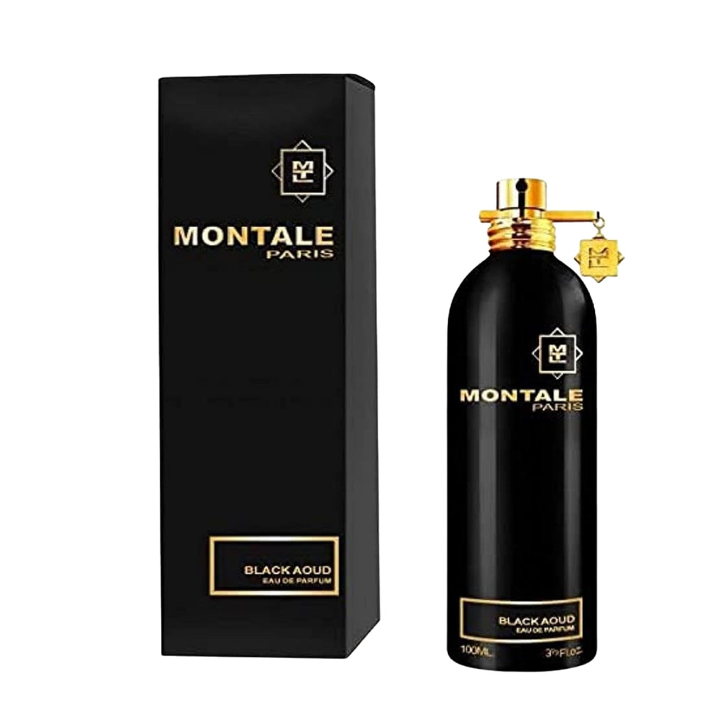 Refect Beauty Montale Paris Black Aoud Eau de Parfum bottle and black box featuring gold branding and elegant design.