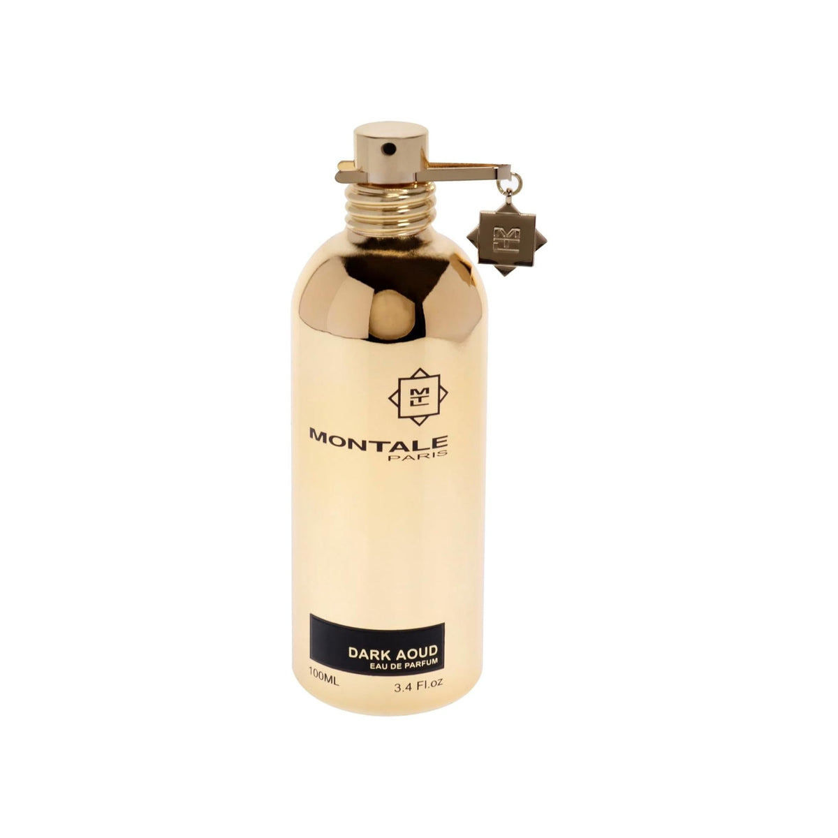 Refect Beauty Montale Dark Aoud Eau de Parfum in a signature metallic gold cylindrical bottle with a charm.