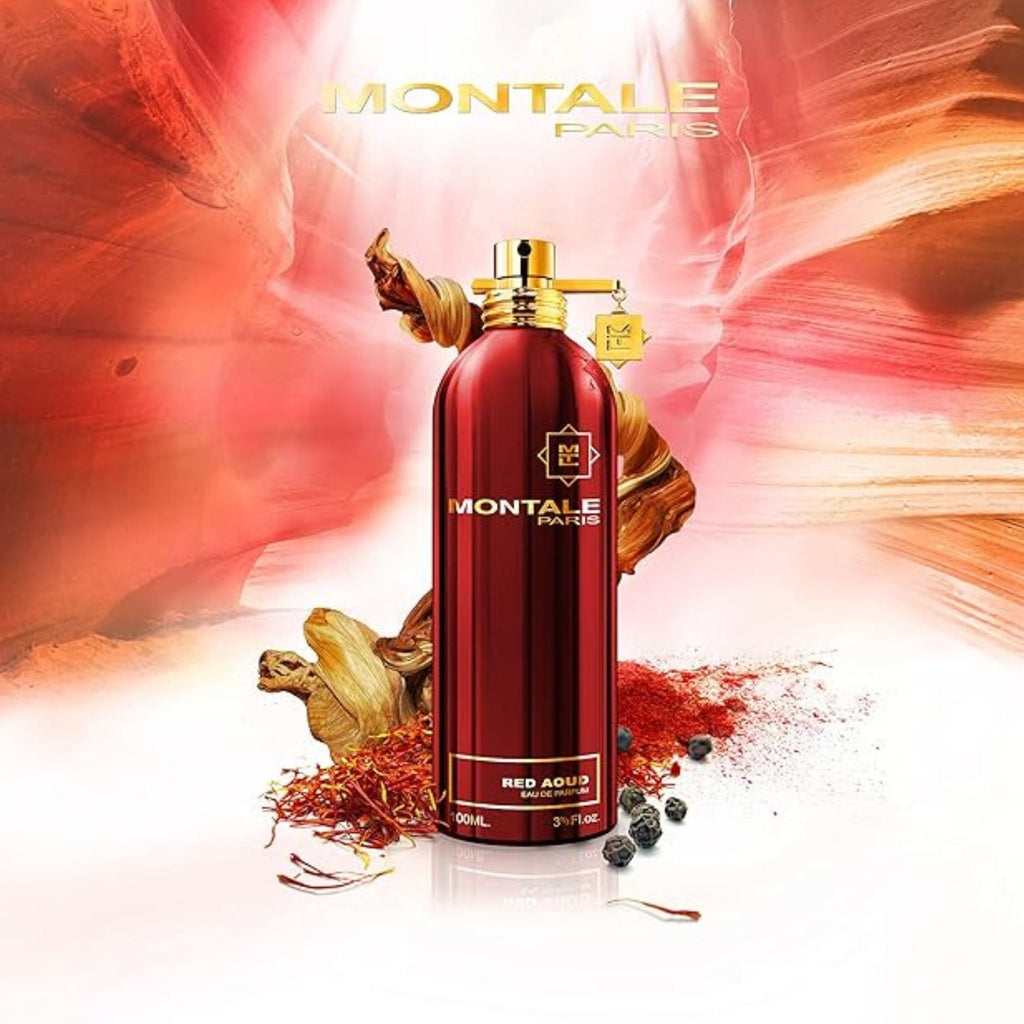Refect Beauty Montale Red Aoud unisex eau de parfum in a metallic red bottle surrounded by saffron and peppercorns.