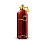 Refect Beauty Montale Red Aoud Eau de Parfum in a metallic red cylindrical bottle with gold accents and charm.
