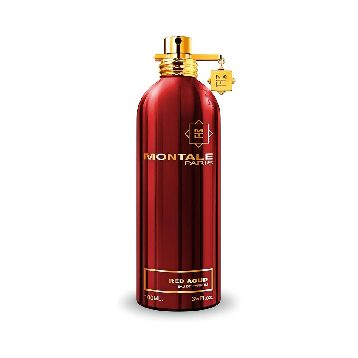 Refect Beauty Montale Red Aoud Eau de Parfum in a metallic red cylindrical bottle with gold accents and charm.