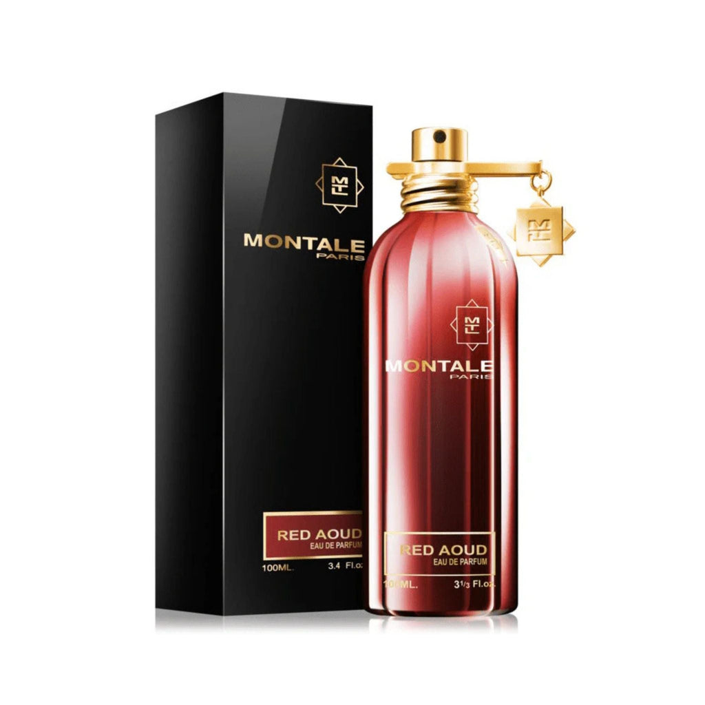 Refect Beauty Montale Red Aoud unisex eau de parfum in a metallic red bottle with gold accents and black gift box.