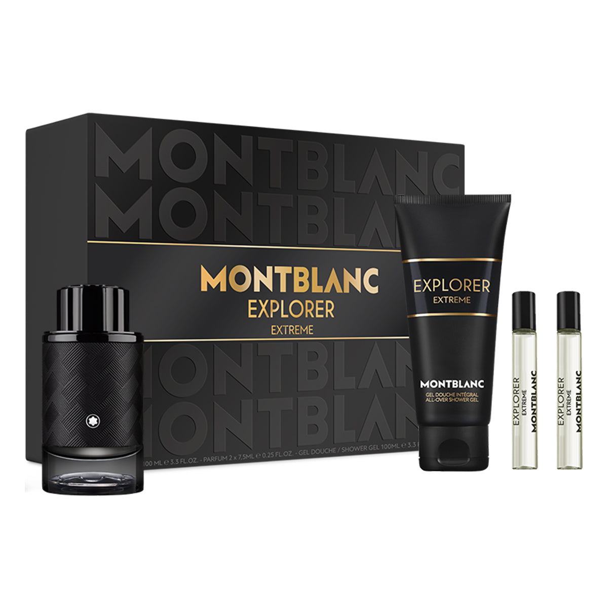 Refect Beauty Montblanc Explorer Extreme gift set featuring a 100ml parfum, shower gel, and two travel spray vials.