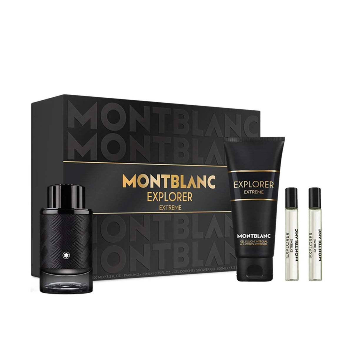 Refect Beauty Montblanc Explorer Extreme gift set featuring a perfume bottle, shower gel, and two travel sprays.