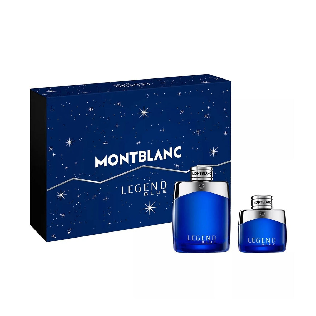 Refect Beauty Montblanc Legend Blue fragrance gift set featuring a 100ml and 30ml bottle in a blue starry box.