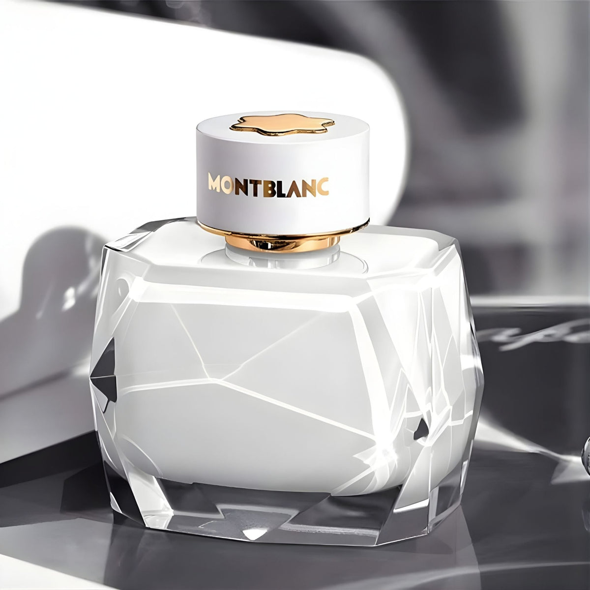 Refect Beauty Montblanc Signature Eau de Parfum bottle with a white faceted glass design and gold logo cap