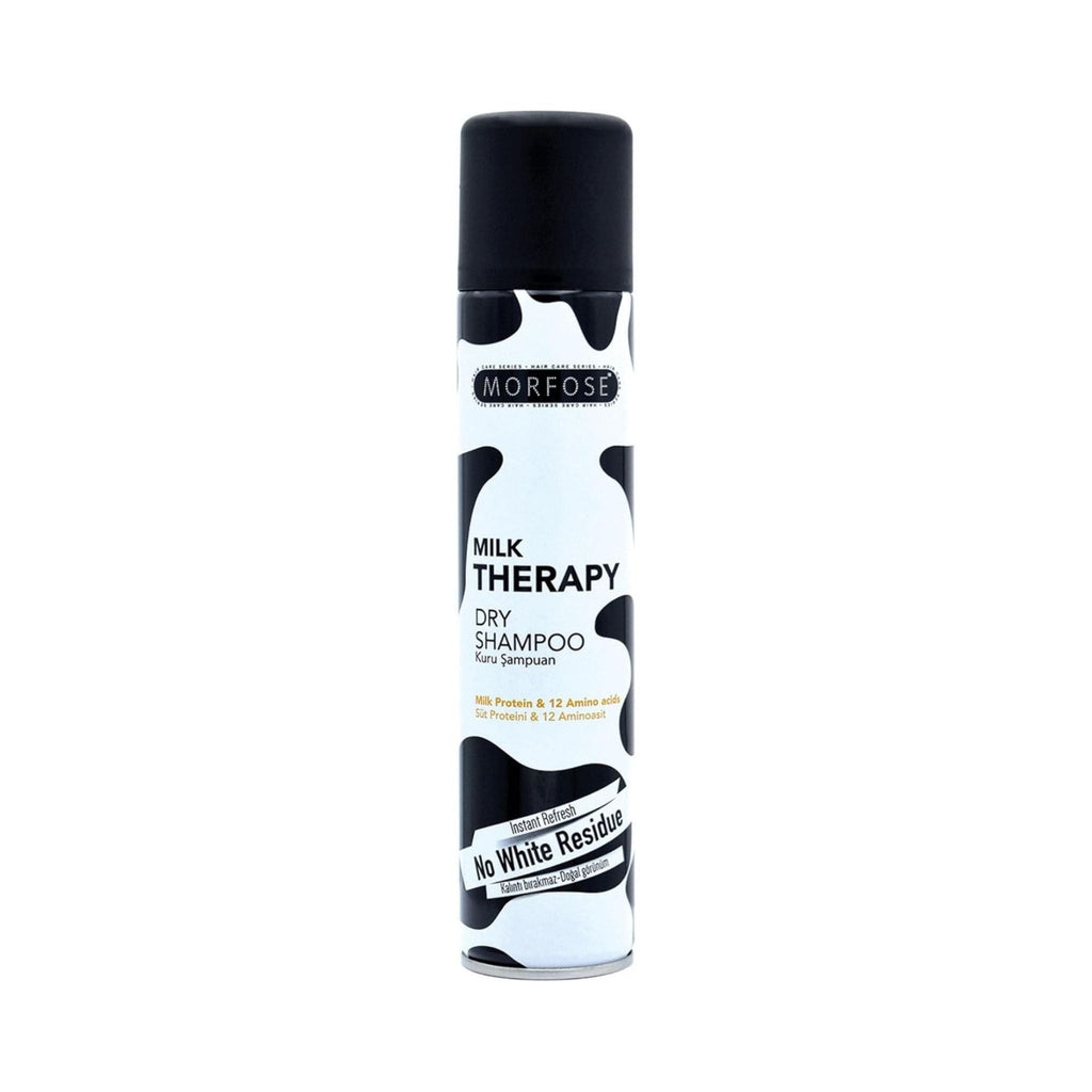 Refect Beauty MORFOSE Milk Therapy dry shampoo spray bottle with a black and white cow print design