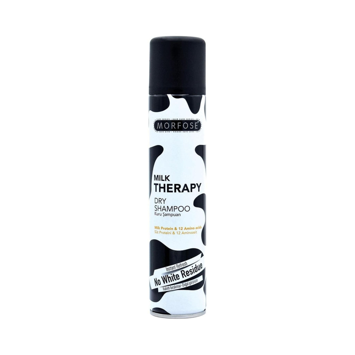 Refect Beauty MORFOSE Milk Therapy dry shampoo spray bottle with a black and white cow print design