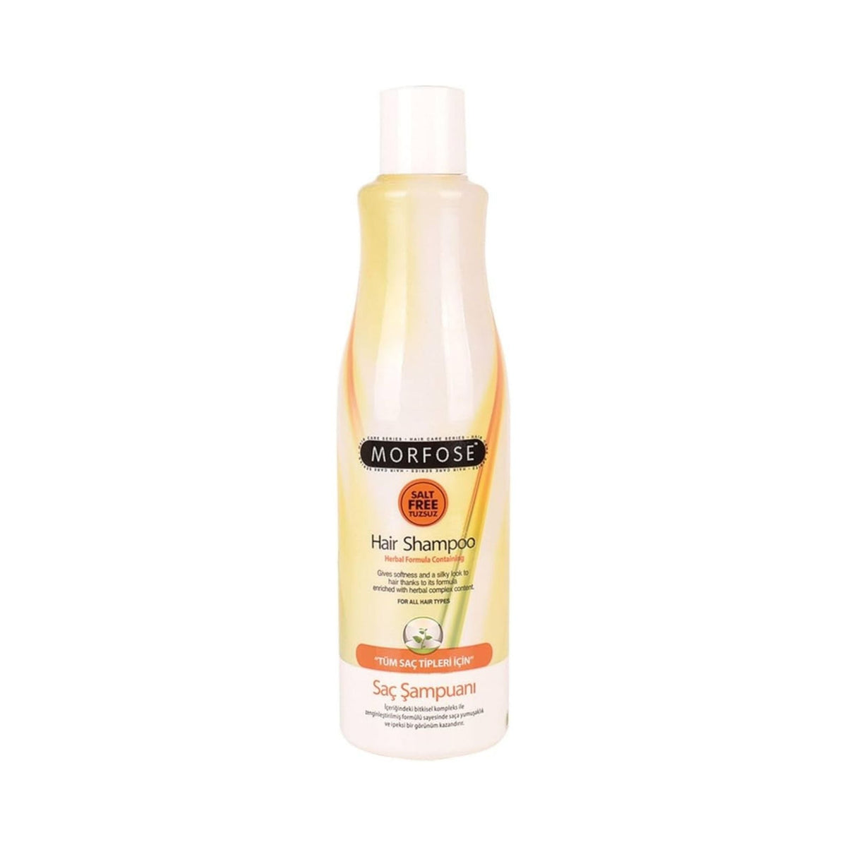Refect Beauty MORFOSE salt-free herbal hair shampoo in a tall yellow bottle for gentle cleansing and hydration.