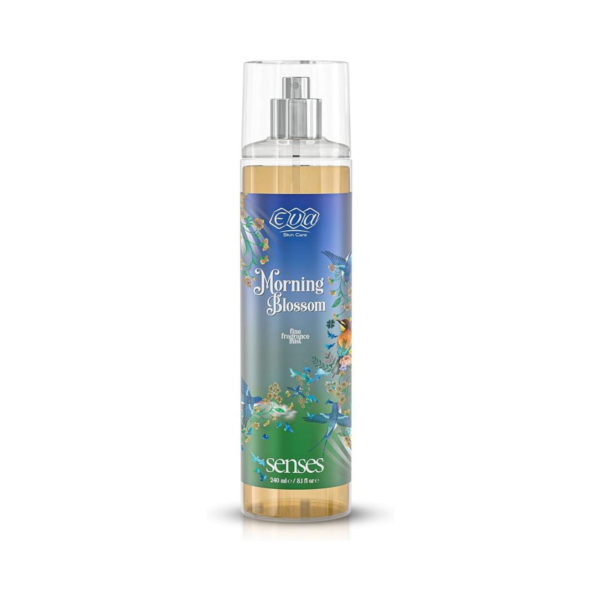 Refect Beauty Eva Senses Morning Blossom body splash in a clear spray bottle with floral and hummingbird label design