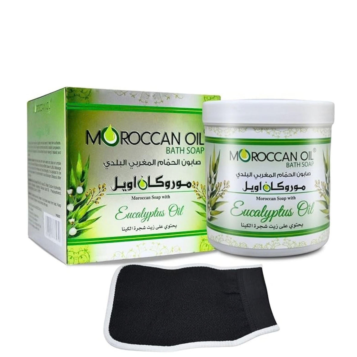 Refect Beauty MoroccanOil eucalyptus bath soap set with a black exfoliating glove for a refreshing skincare routine.
