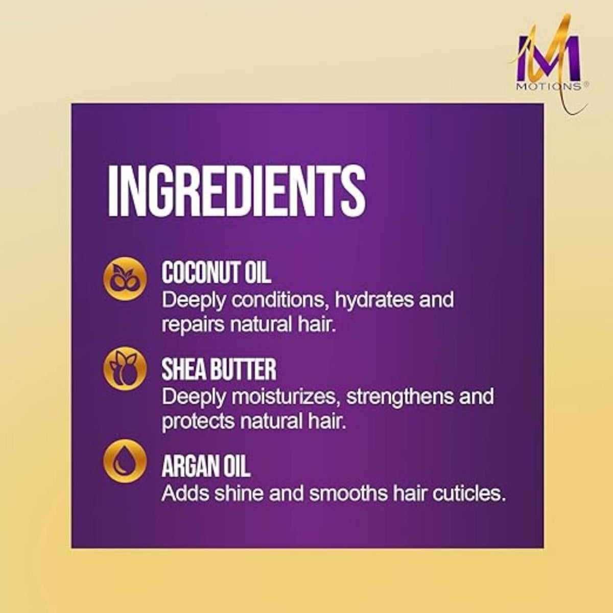 Refect Beauty Motions hair moisturizer ingredient list featuring coconut oil, shea butter, and argan oil benefits.