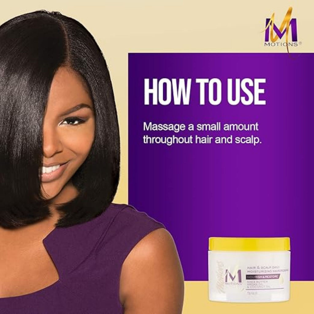 Refect Beauty Motions Nourish & Restore hair moisturizer jar next to a woman with smooth, healthy black hair.