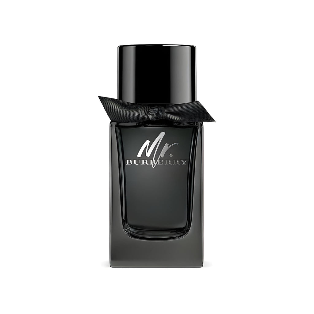 Refect Beauty Mr. Burberry Eau de Parfum in a sleek black glass bottle with a signature black ribbon tie.
