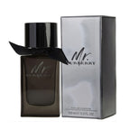 Refect Beauty Mr. Burberry Eau de Parfum bottle with a black ribbon and its metallic silver box packaging.