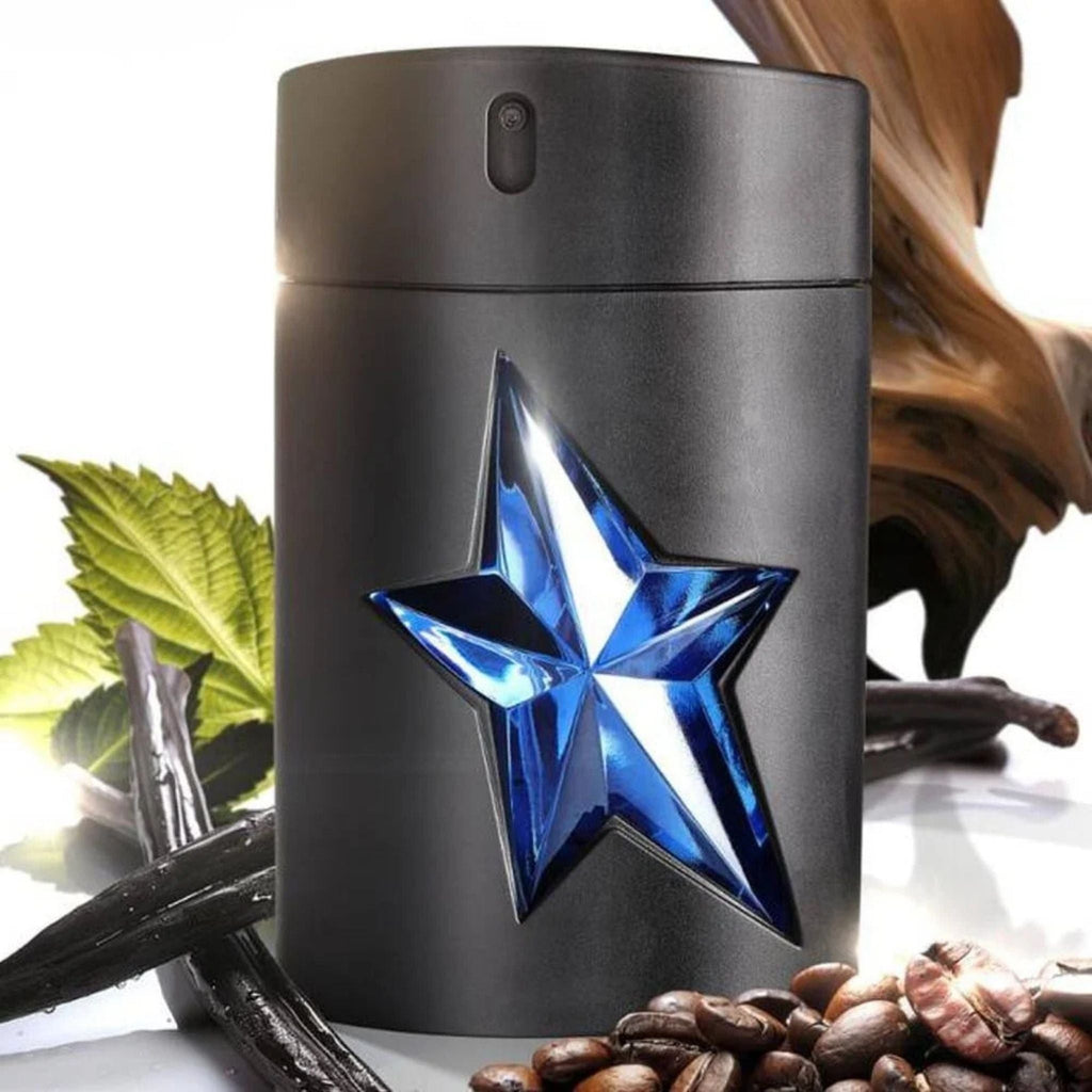 Refect Beauty Mugler A*Men refillable eau de toilette bottle with a signature blue star emblem and coffee bean accents.