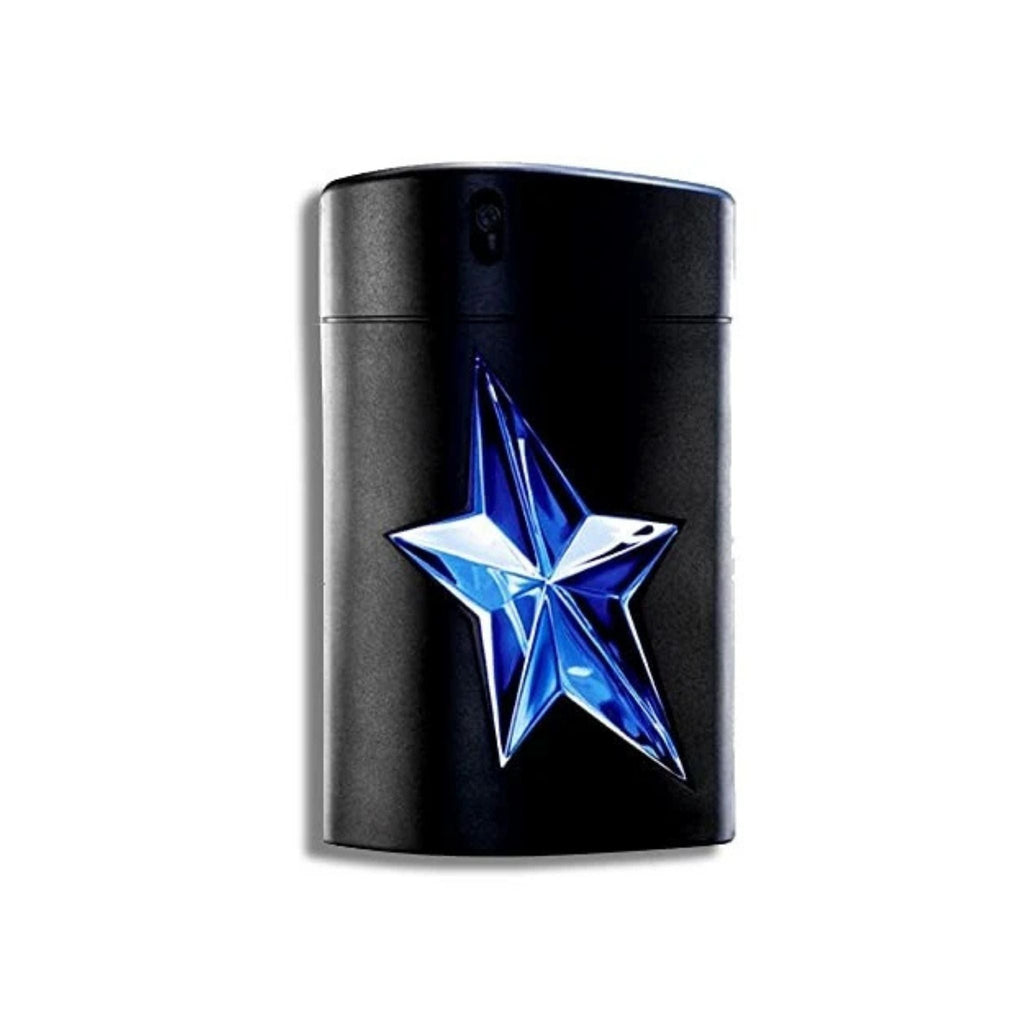 Refect Beauty Mugler A*Men refillable eau de toilette bottle featuring a black finish and a prominent blue star emblem