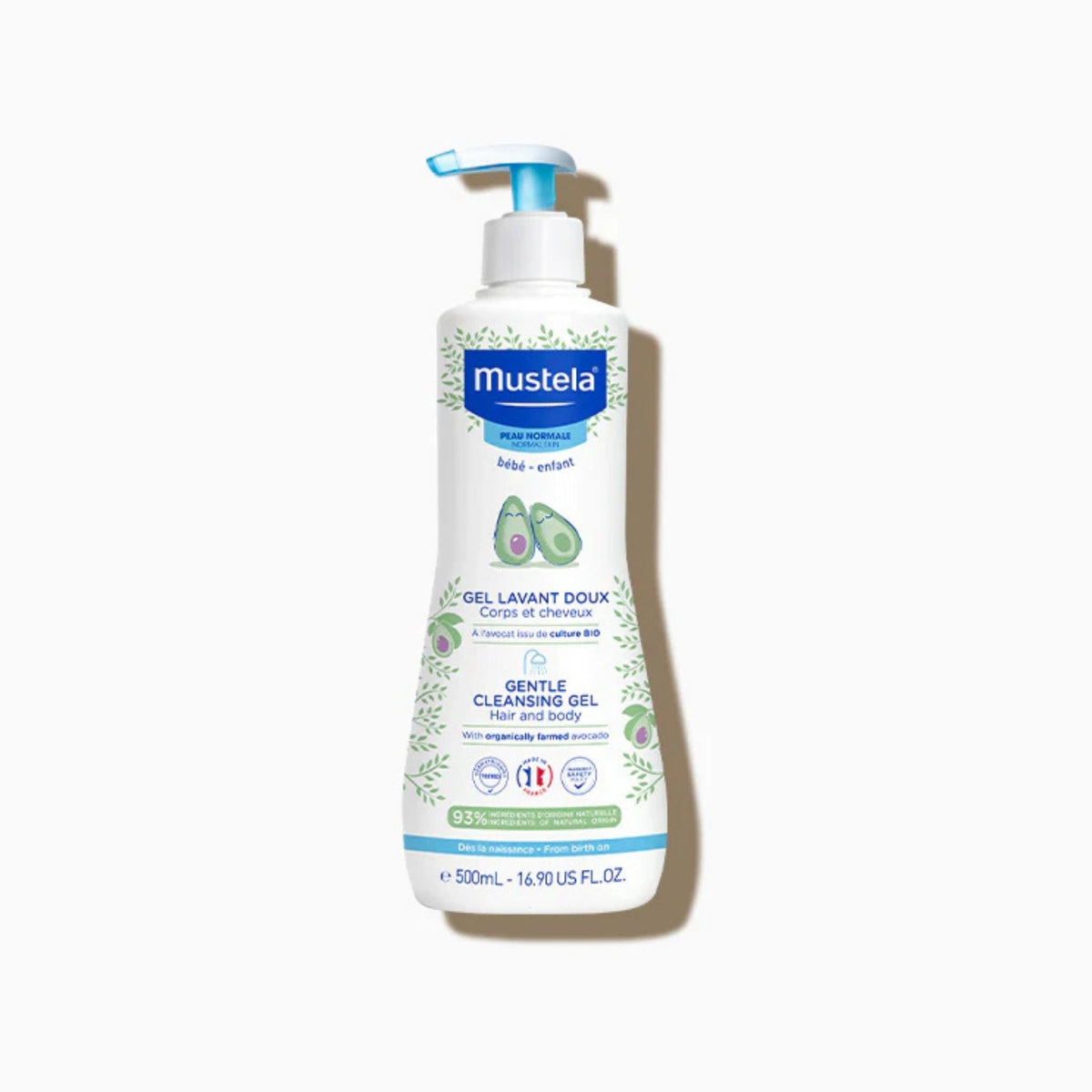 Refect Beauty Mustela Gentle Cleansing Gel with avocado for baby hair and body in a 500ml pump bottle