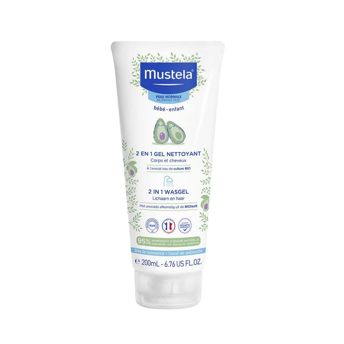Refect Beauty Mustela 2 in 1 cleansing gel for baby hair and body with avocado extract in a 200ml white squeeze tube