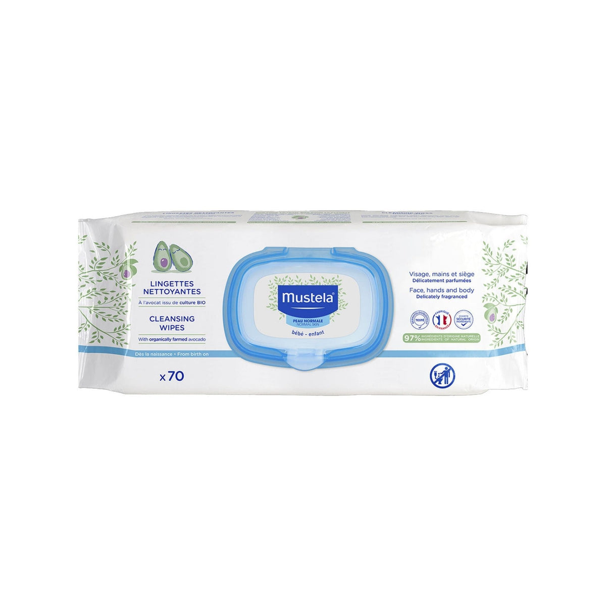 Refect Beauty Mustela cleansing wipes with avocado for babies, featuring a 70-count pack for face, hands, and body.