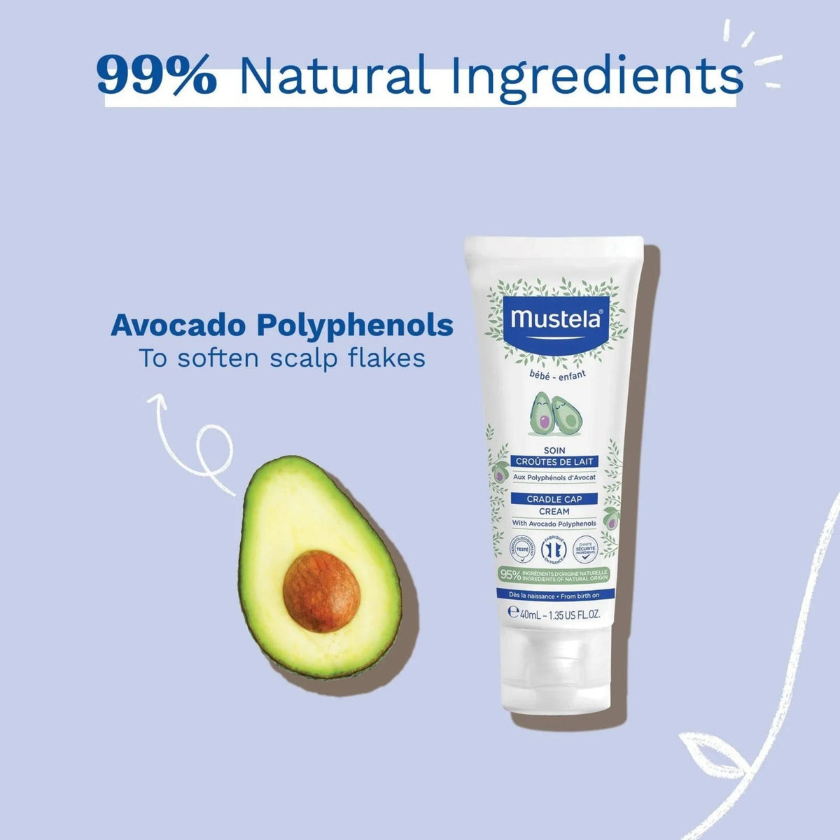 Refect Beauty Mustela Cradle Cap Cream tube with avocado extract for soothing baby scalp flakes and moisturizing.