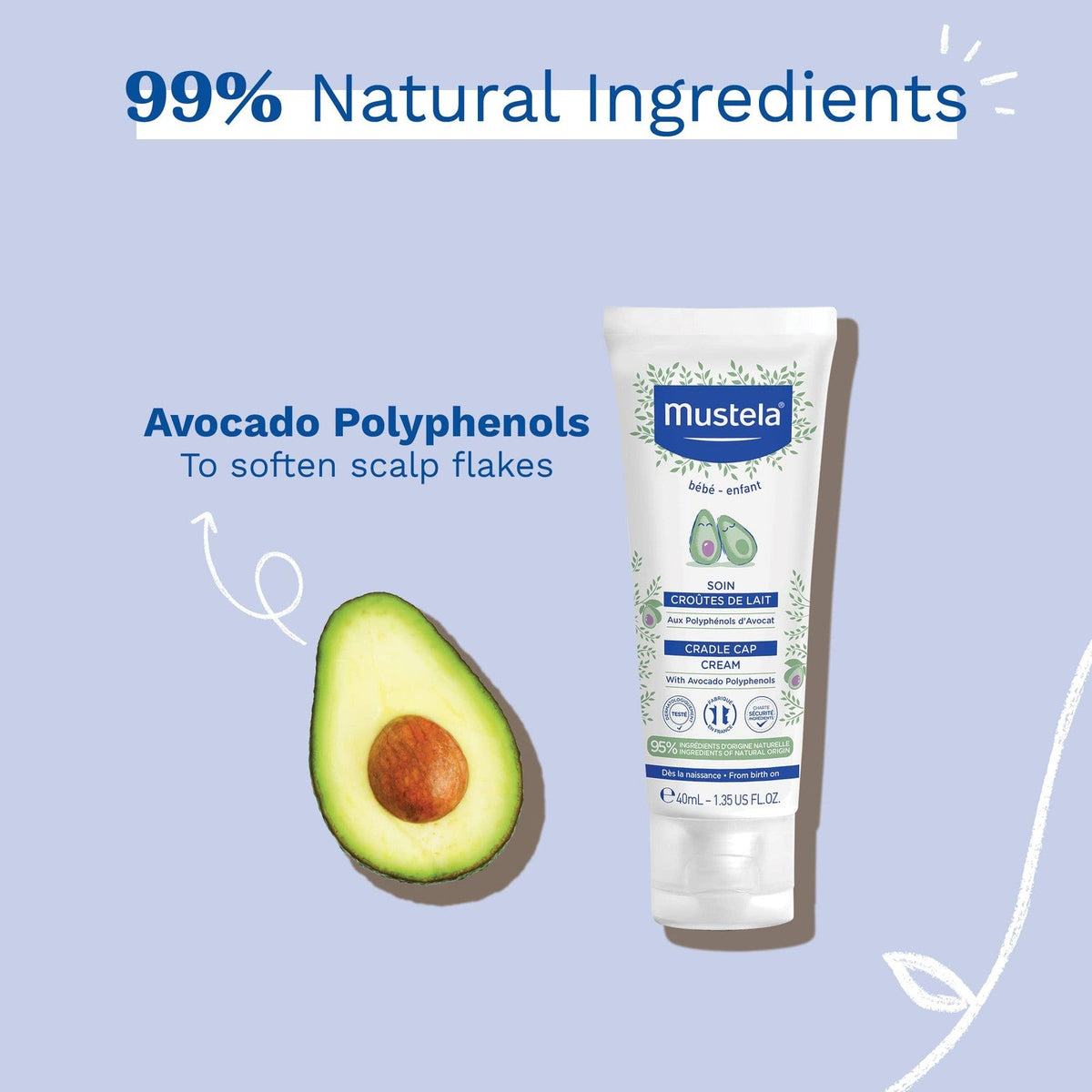 Refect Beauty Mustela Cradle Cap Cream with avocado polyphenols in a 40ml tube for treating baby scalp flakes.