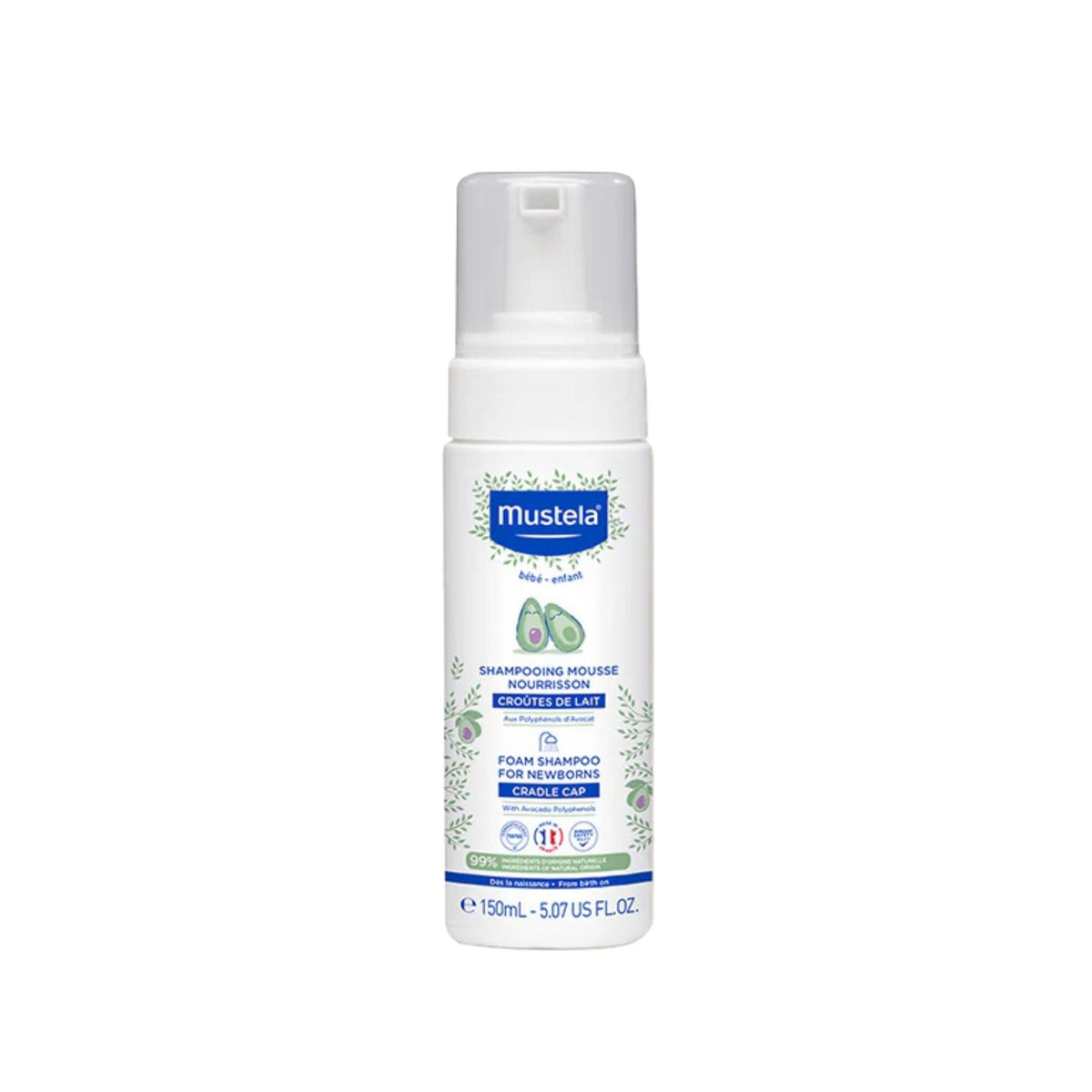 Refect Beauty Mustela foam shampoo for newborns in a white pump bottle designed to treat cradle cap
