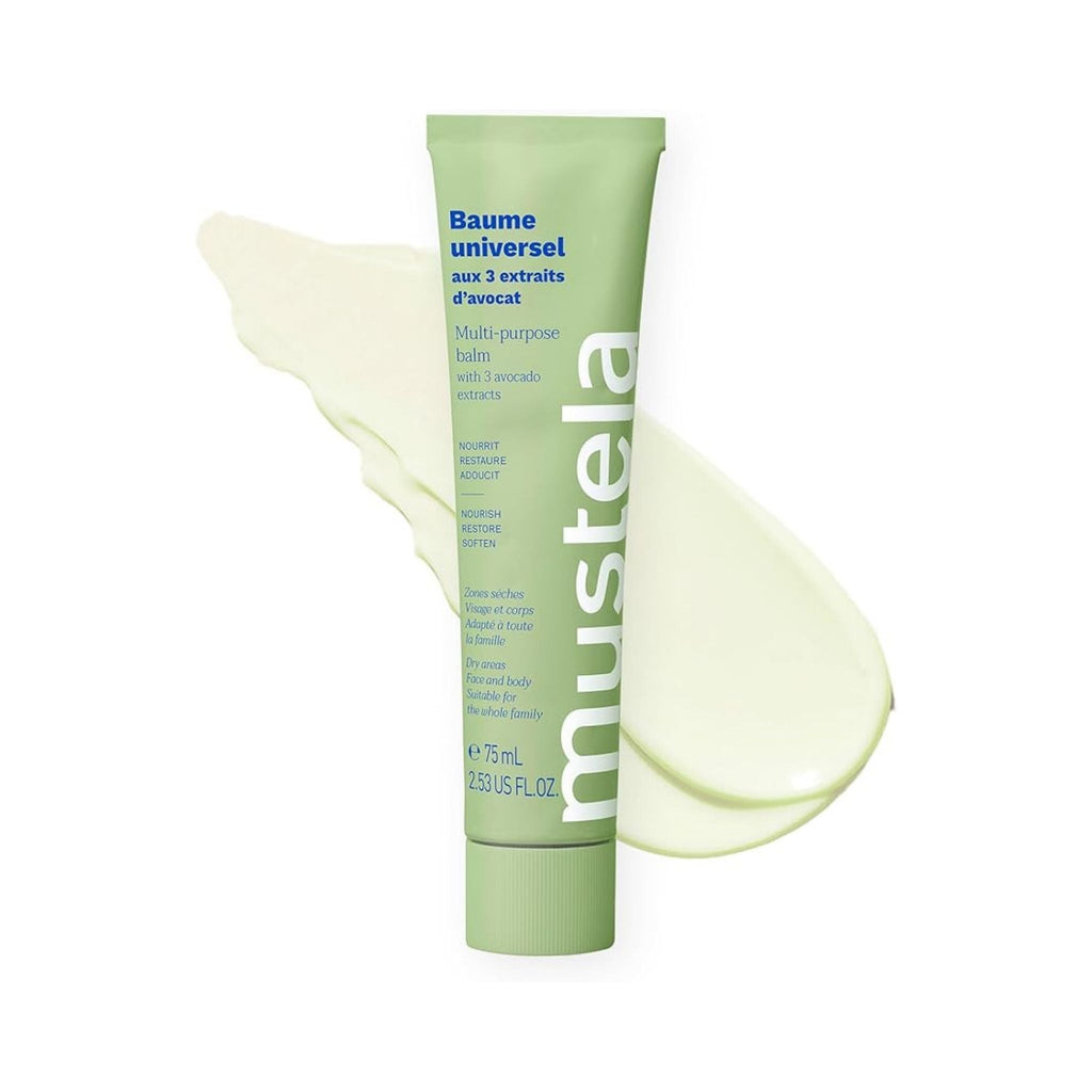 Refect Beauty Mustela Multi-purpose Balm in a green tube with a creamy texture swatch for dry skin hydration.