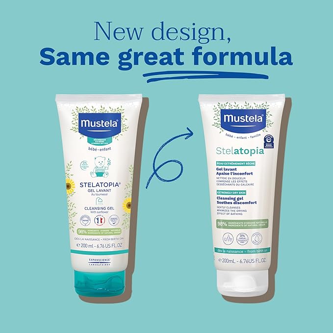 Refect Beauty Mustela Stelatopia Cleansing Gel showing old and new packaging for eczema-prone skin