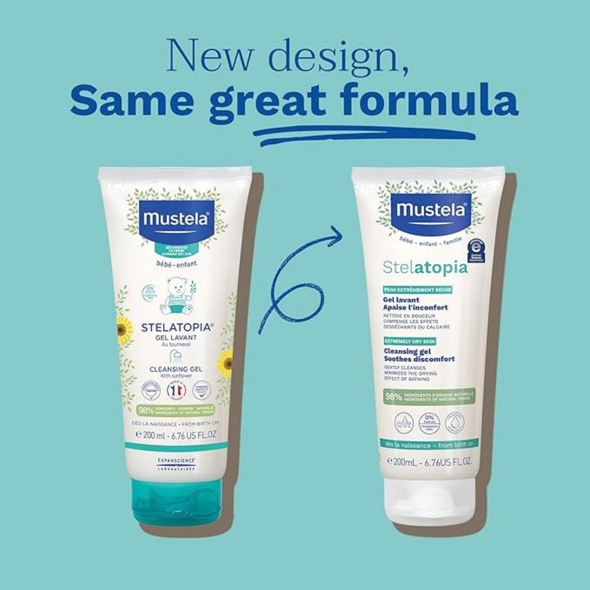 Refect Beauty Mustela Stelatopia Cleansing Gel tubes showing old and new packaging for eczema-prone skin