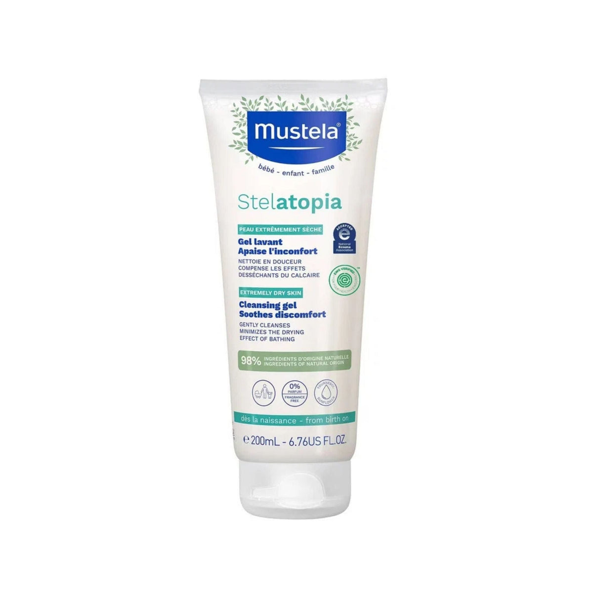 Refect Beauty Mustela Stelatopia Cleansing Gel for eczema-prone skin in a 200ml white squeeze tube