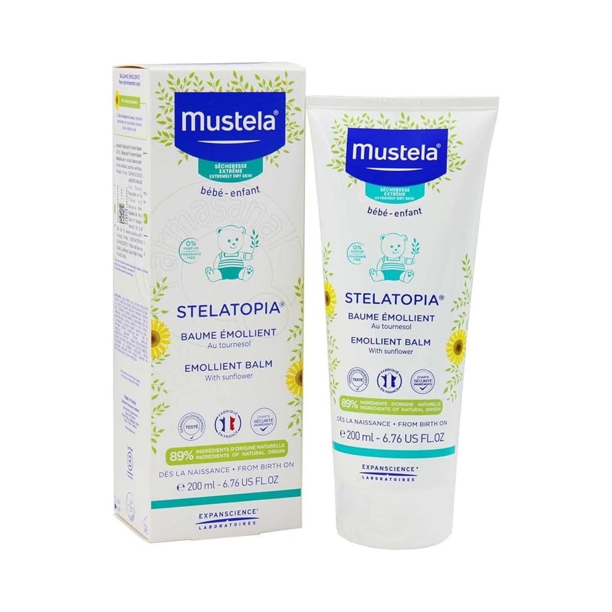 Refect Beauty Mustela Stelatopia Emollient Balm for very dry and eczema-prone skin in a 200ml tube and box.