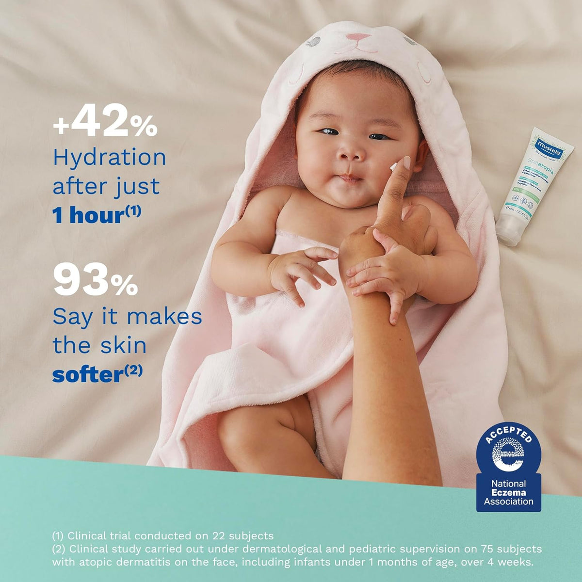 Refect Beauty Mustela Stelatopia emollient cream being applied to an infant's cheek for eczema relief and hydration.
