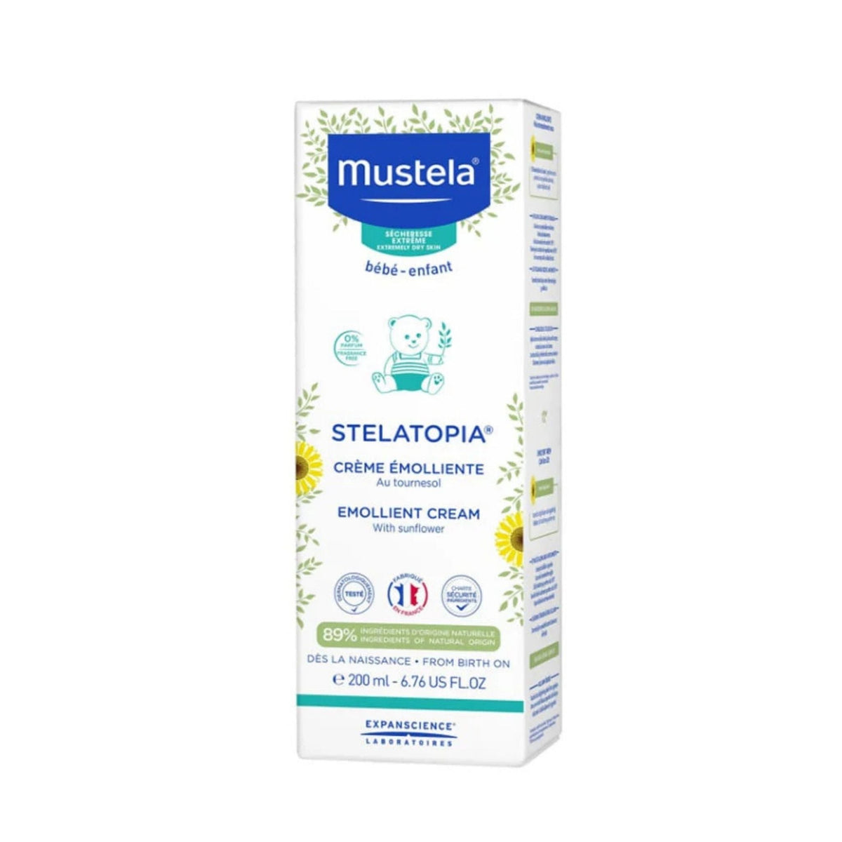 Refect Beauty Mustela Stelatopia Emollient Cream for eczema-prone skin in a 200ml white tube with sunflower design.